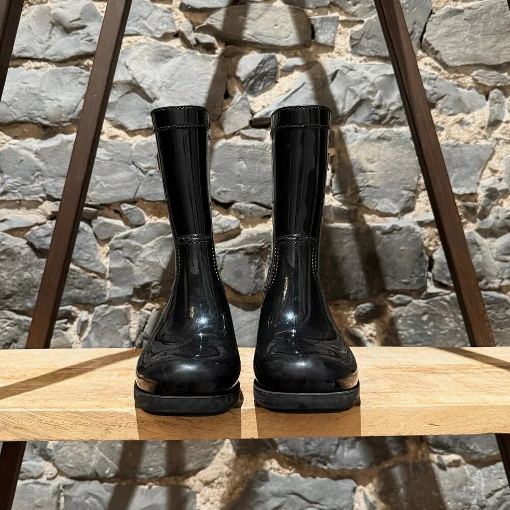 Prada Black Enamel Triangle Mid-Calf Rain Boots - Picture 4 of 14